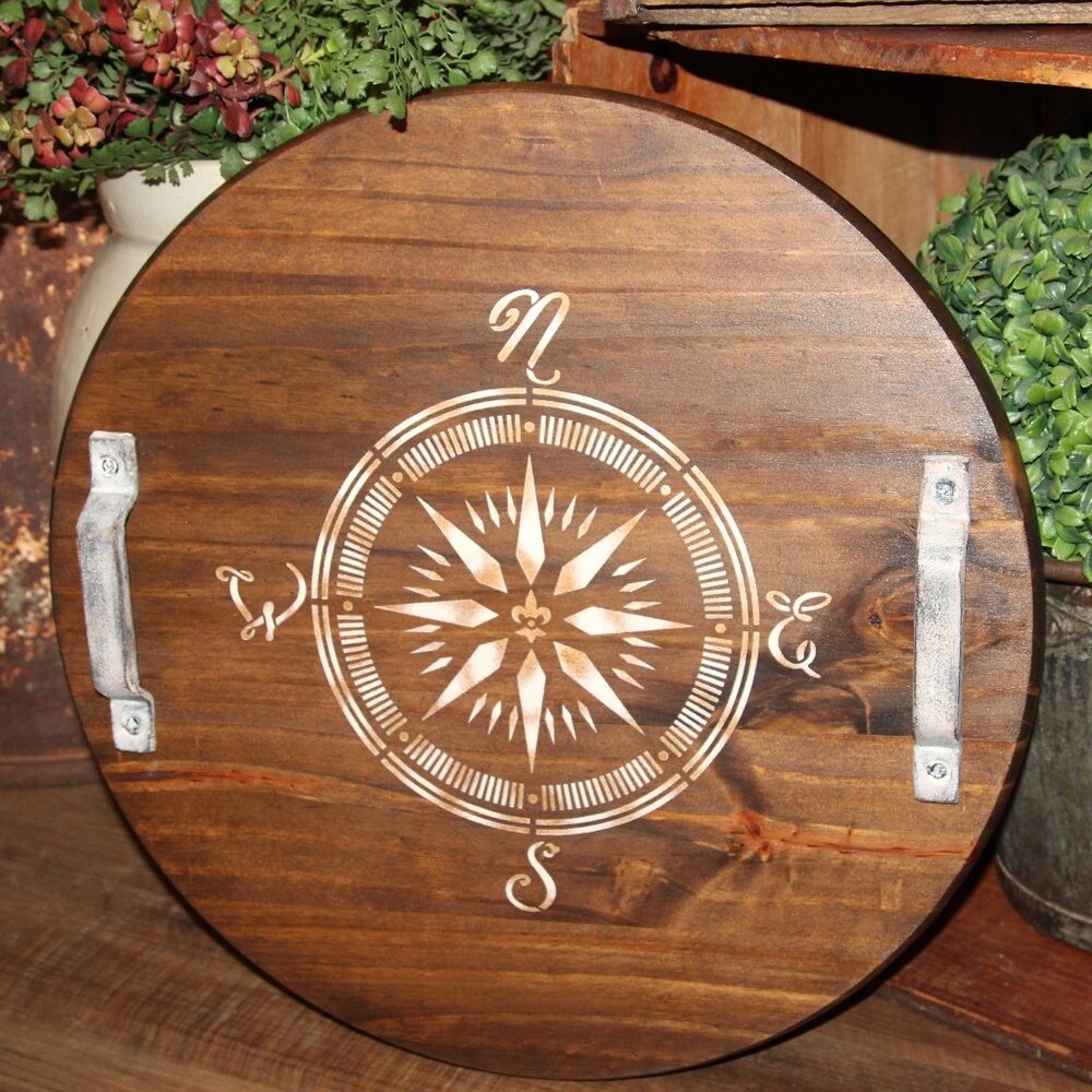 NEW Large Rustic Nautical Coastal Solid Wood Compass Centerpiece Decor Tray
